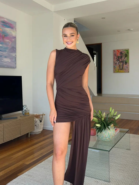 Irregular One Shoulder Pleated Dress Women's Vintage Mock Neck Slim Fit Mini Vestidos 2025 Lady Summer Vacation Party Gowns New