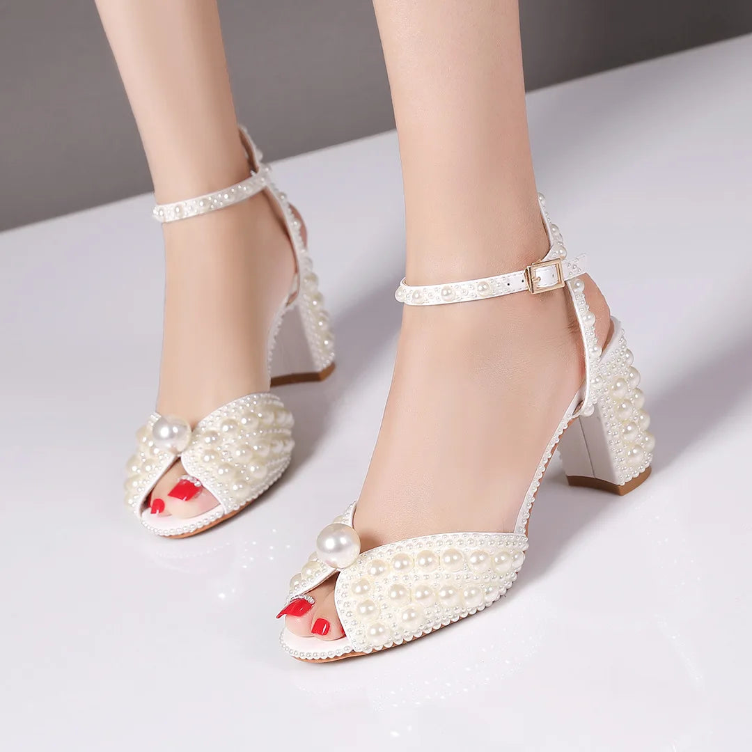 2024 Autumn New Fish Mouth High Heels Slim Heels Shallow Mouth Water Diamond Pearl Women's Single Shoes Wedding Wedding Shoes