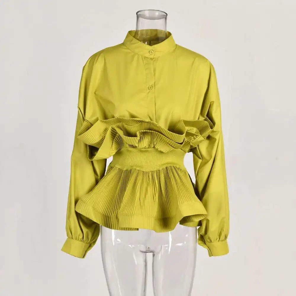 XFPV Women Puff Sleeve Pleated Ruffle Solid Casual Blouse Patchwork Y2k Top Slim Waist Shirt Sweet Summer Spring 2025 SM2983