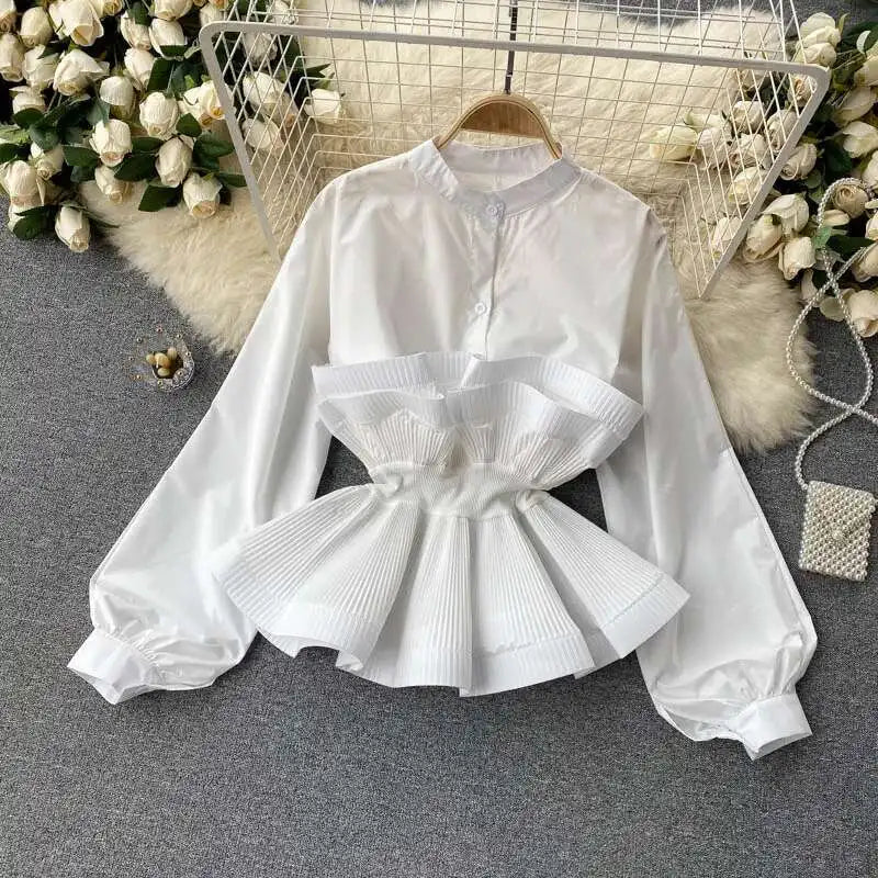 XFPV Women Puff Sleeve Pleated Ruffle Solid Casual Blouse Patchwork Y2k Top Slim Waist Shirt Sweet Summer Spring 2025 SM2983
