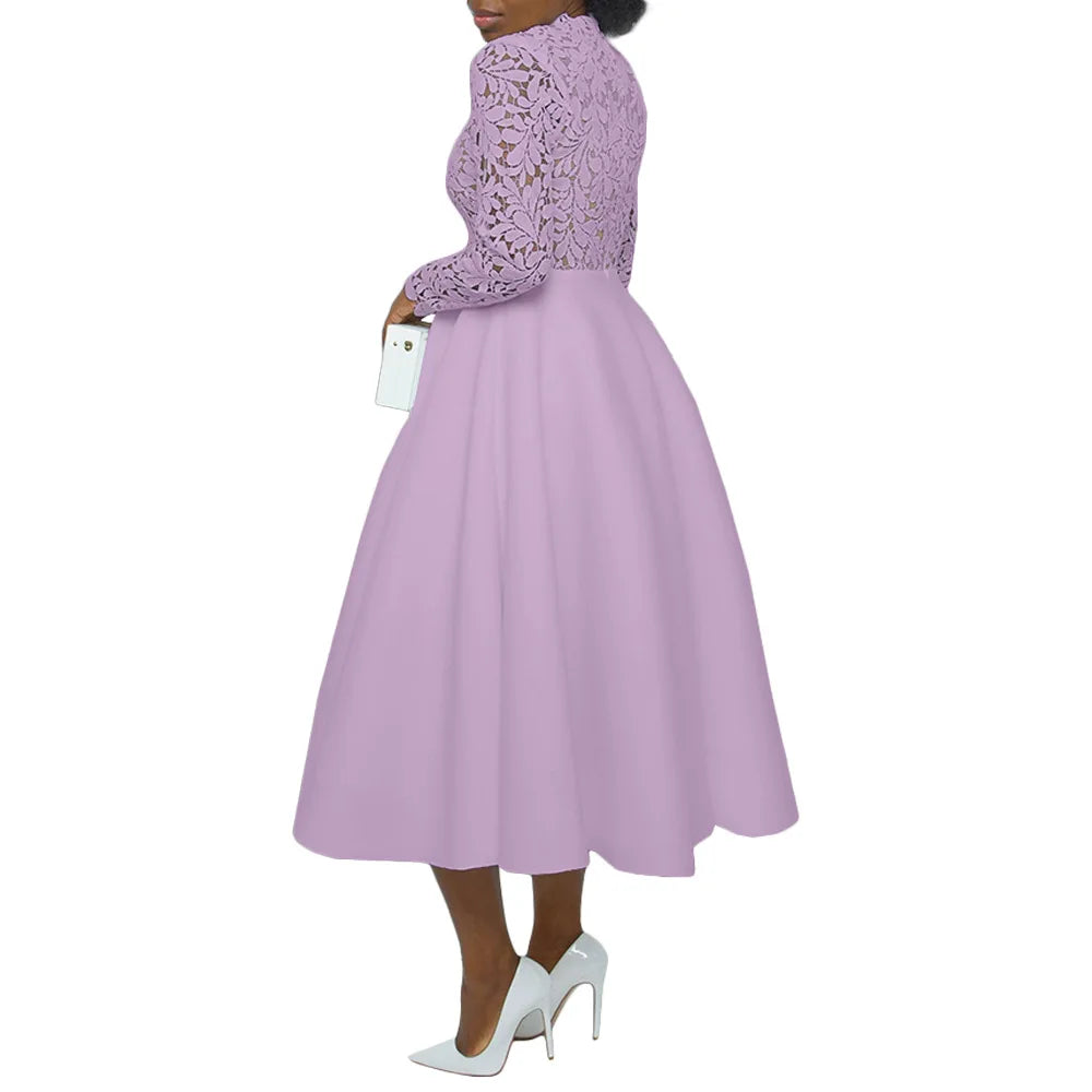 Women Long Dress A Line Dresses Lace Floral Party Night Wedding Mock Neck White Prom Hight Waist Slim Elegant Maxi Vestidos