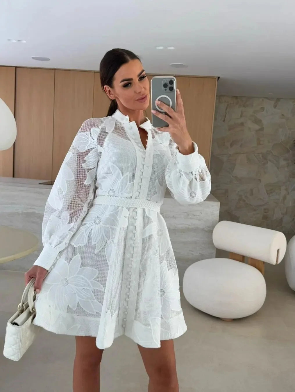 Fashionable Ins Embroidered Lace Dress Cross-Border Independent Station Floral Midi Skirt Polyester Fiber Full Sleeve