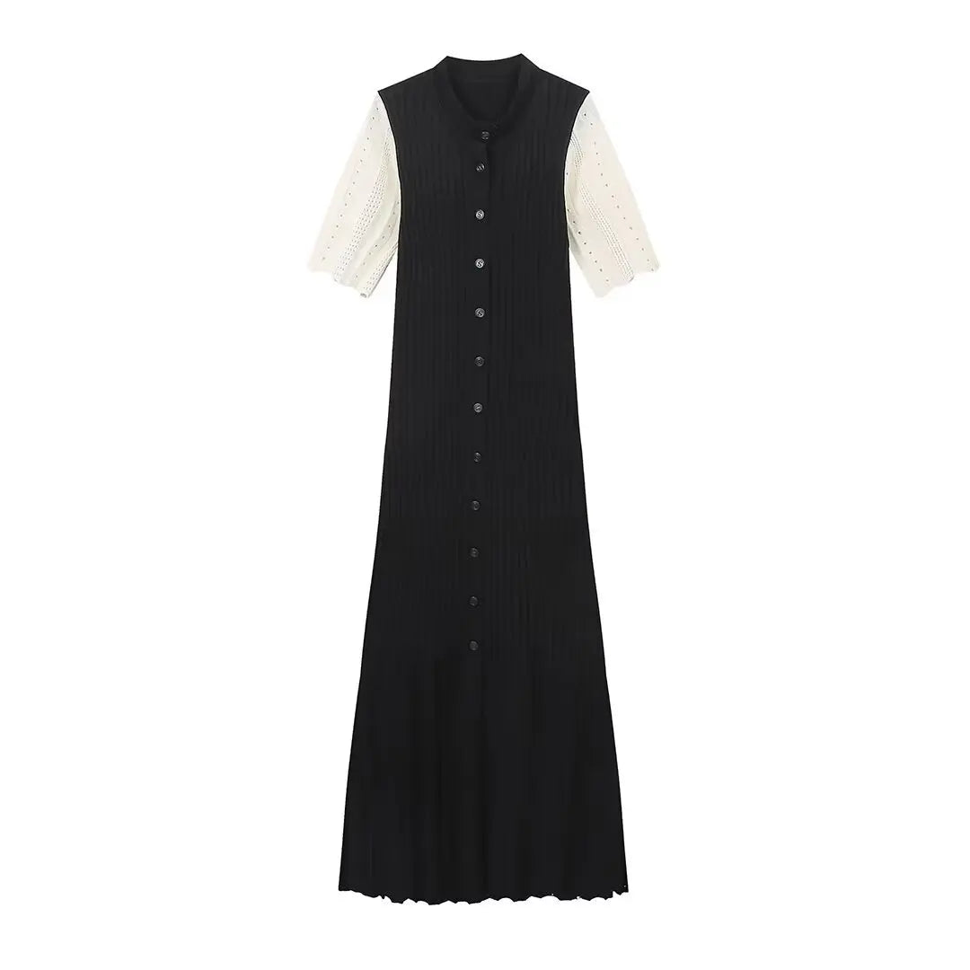 Elegant Knitted Patchwork Midi Dress Women's Short Sleeve High Waist Casual Single-Breasted Curvy Dresses Summer Black Apricot