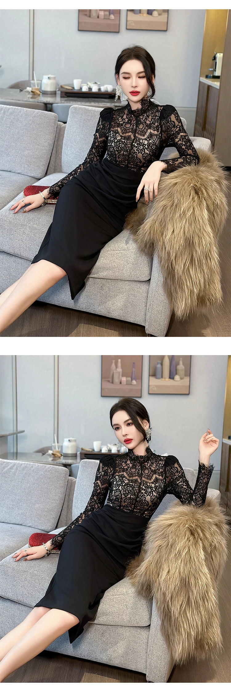 New Women's French  Elegant Black Dress Celebrity Sheer Lace Spliced Midi Robe Professional Business Vestidos Mujer Party Gown