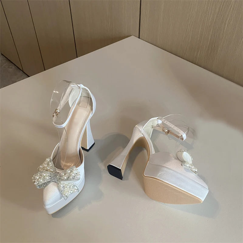Liyke Ins Style Pearl Butterfly-Knot Women High Heels Sandals Sexy Thick Bottom Pointed Toe Platform Pumps Wedding Banquet Shoes