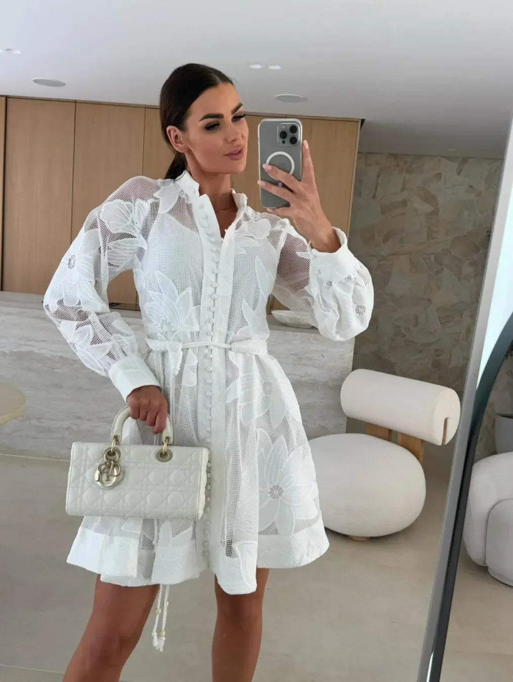 Fashionable Ins Embroidered Lace Dress Cross-Border Independent Station Floral Midi Skirt Polyester Fiber Full Sleeve