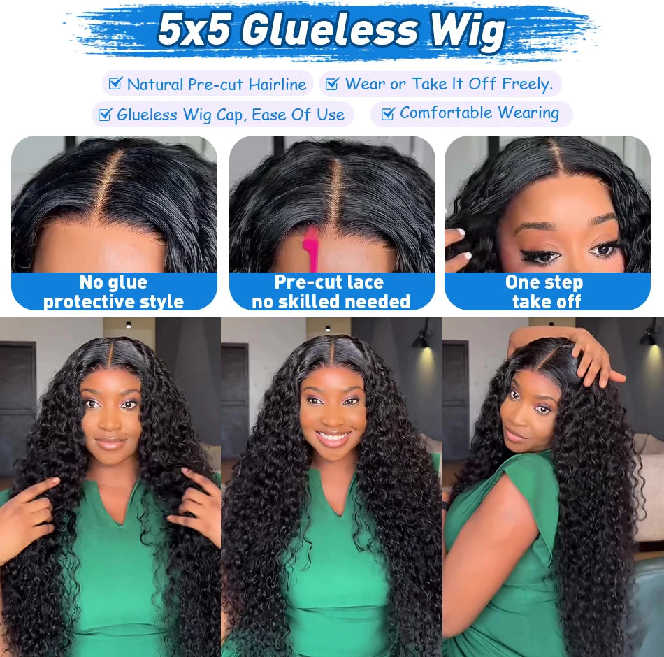 Xcurly Loose Deep Wave Glueless 5x5 Ready to Wear Lace Closure Wig 220% Pre Plucked Water Curly Transparent Human Hair Wigs
