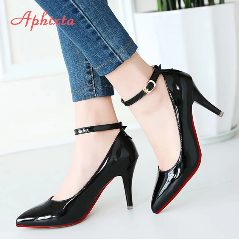 Aphixta New 10cm Stiletto Heels Gradient Pumps Women Shoes Patent Leather Ankle Strap Super High Pointed Toe Super Big 48 49 50