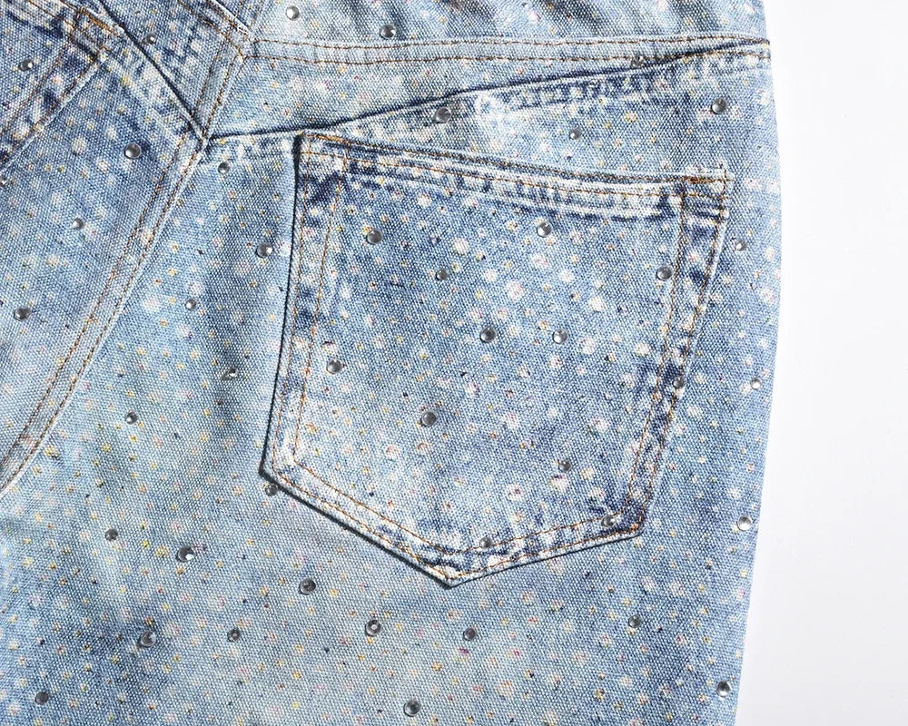 Full Rhinestone Print Washed Blue Baggy Jeans Mens and Women Ropa Hombre Streetwear Solid Casual Denim Trousers Loose Cargos