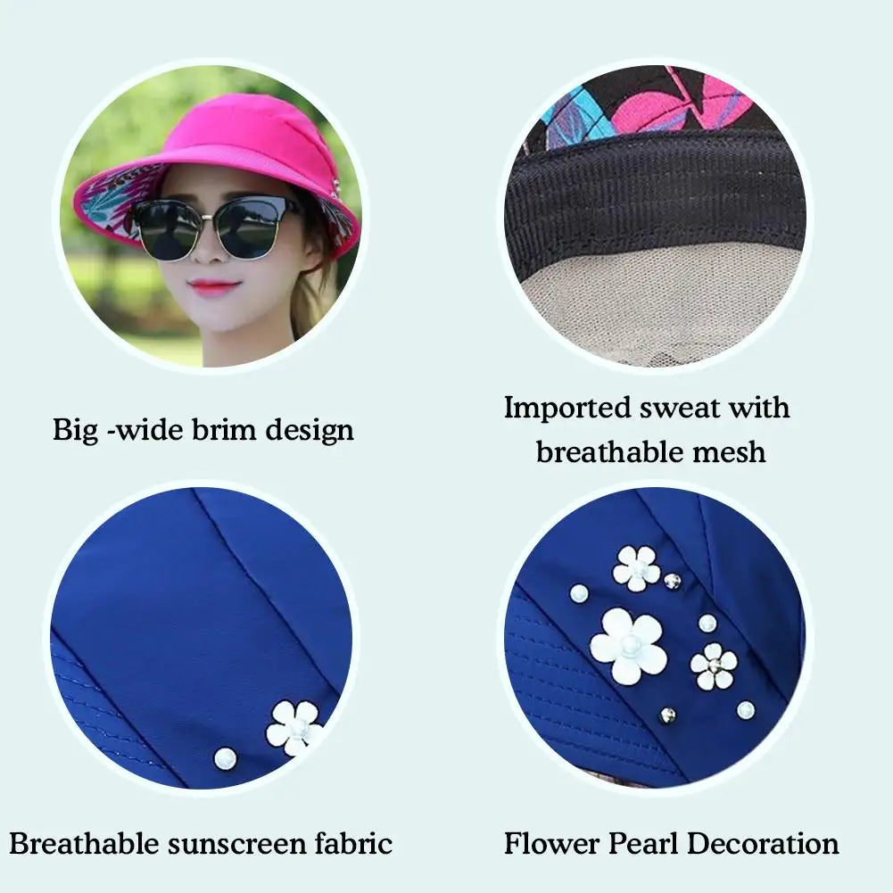 Fashion Womens Ladies Summer Vacation Wide Brim Foldable Sun Hat Anti-UV Beach Visor Caps Casual Hats