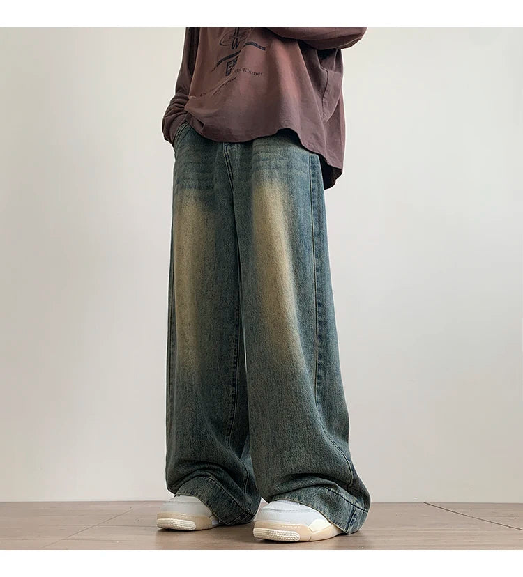 Distressed Vintage Blue Jeans Pants Men Wide-leg Denim Trousers Male Oversize Streetwear Fashion Casual Baggy Straight Jeans