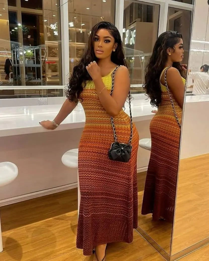 FAGADOER Summer Fashion Knitting Bodycon Maxi Dress Women Rainbow Color Spaghetti Strap Long Dress Female Streetwear Vestidos