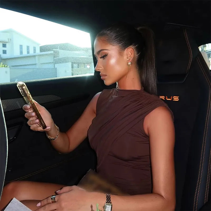 Irregular One Shoulder Pleated Dress Women's Vintage Mock Neck Slim Fit Mini Vestidos 2025 Lady Summer Vacation Party Gowns New