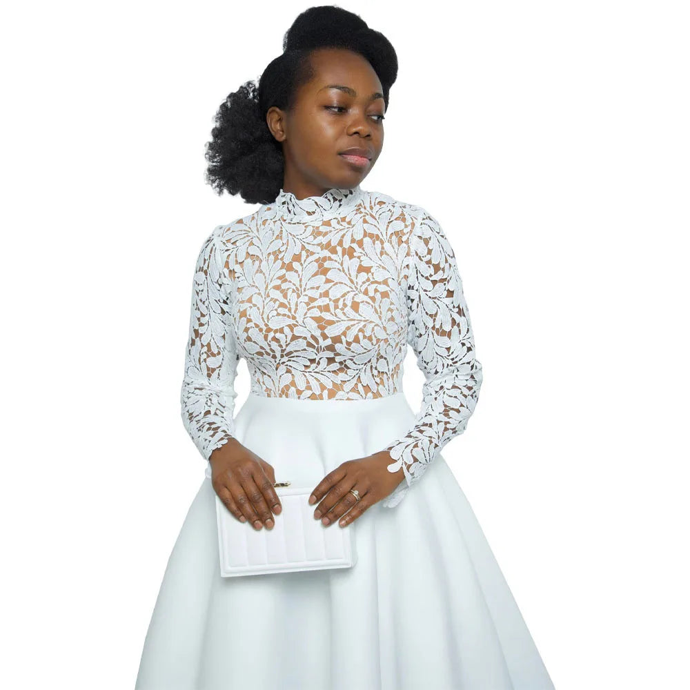 Women Long Dress A Line Dresses Lace Floral Party Night Wedding Mock Neck White Prom Hight Waist Slim Elegant Maxi Vestidos