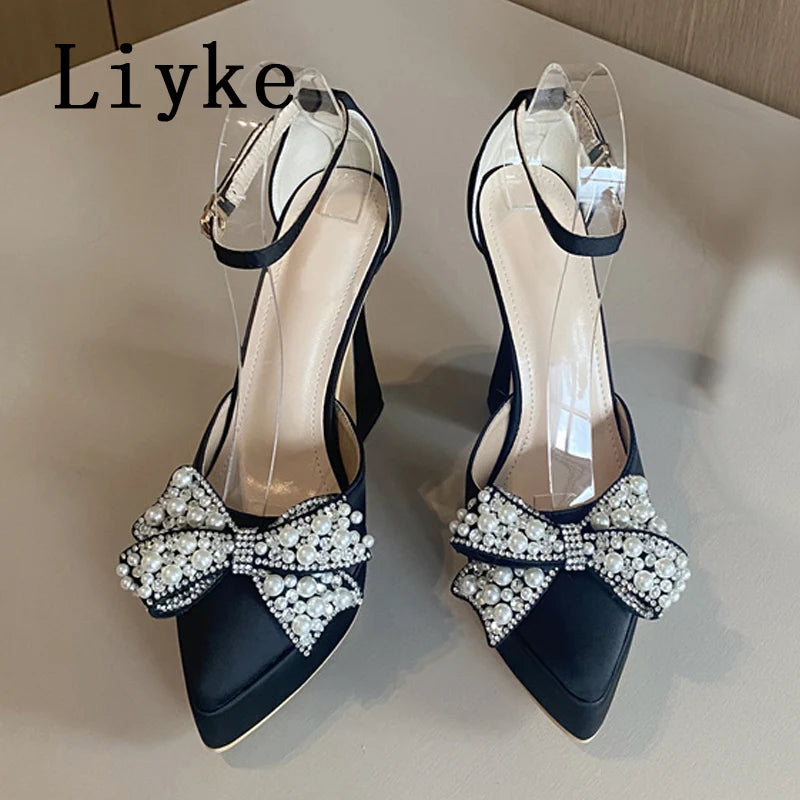 Liyke Ins Style Pearl Butterfly-Knot Women High Heels Sandals Sexy Thick Bottom Pointed Toe Platform Pumps Wedding Banquet Shoes