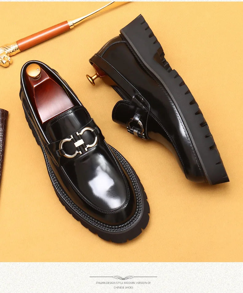 cow leather British loafers men glossy leather business casual Heightenin shoes non slip tire soles dress shoes Round toe shoes
