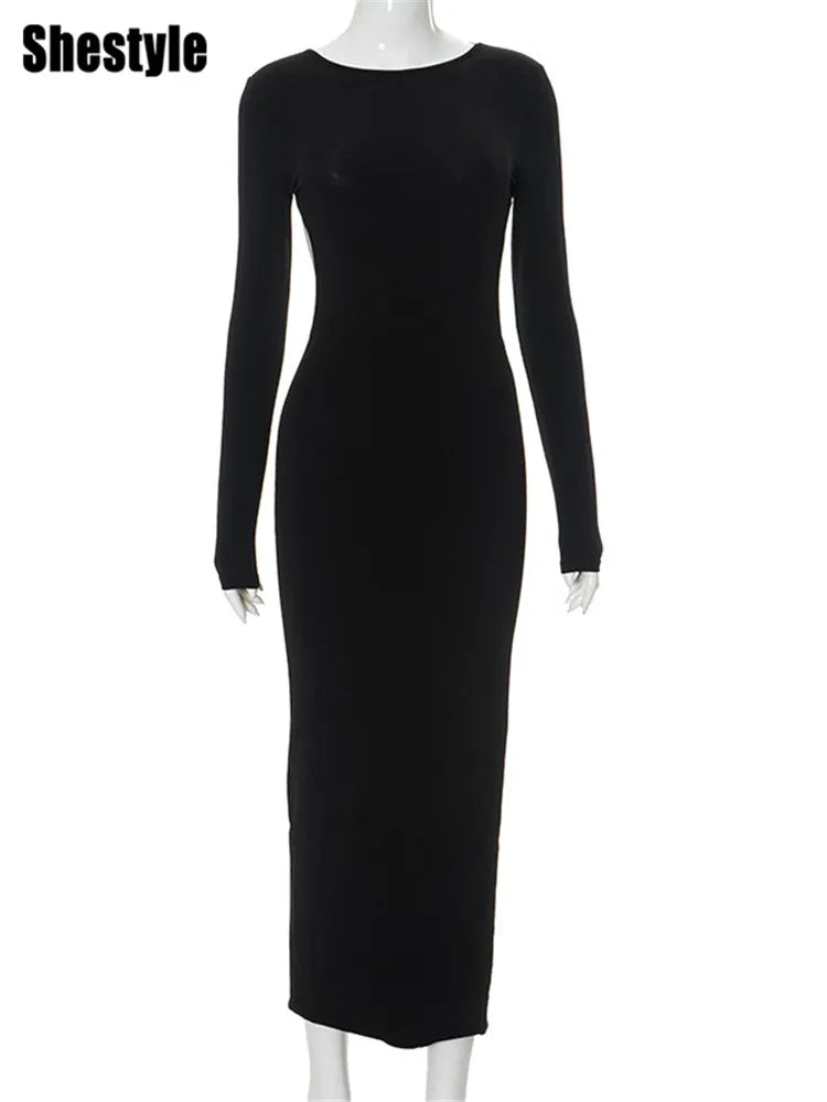 Shestyle Backless Black Pencil Dress Women Solid Feature Design Plain Seductive Clubwear Super Sexy Grunge Glamorous Modern