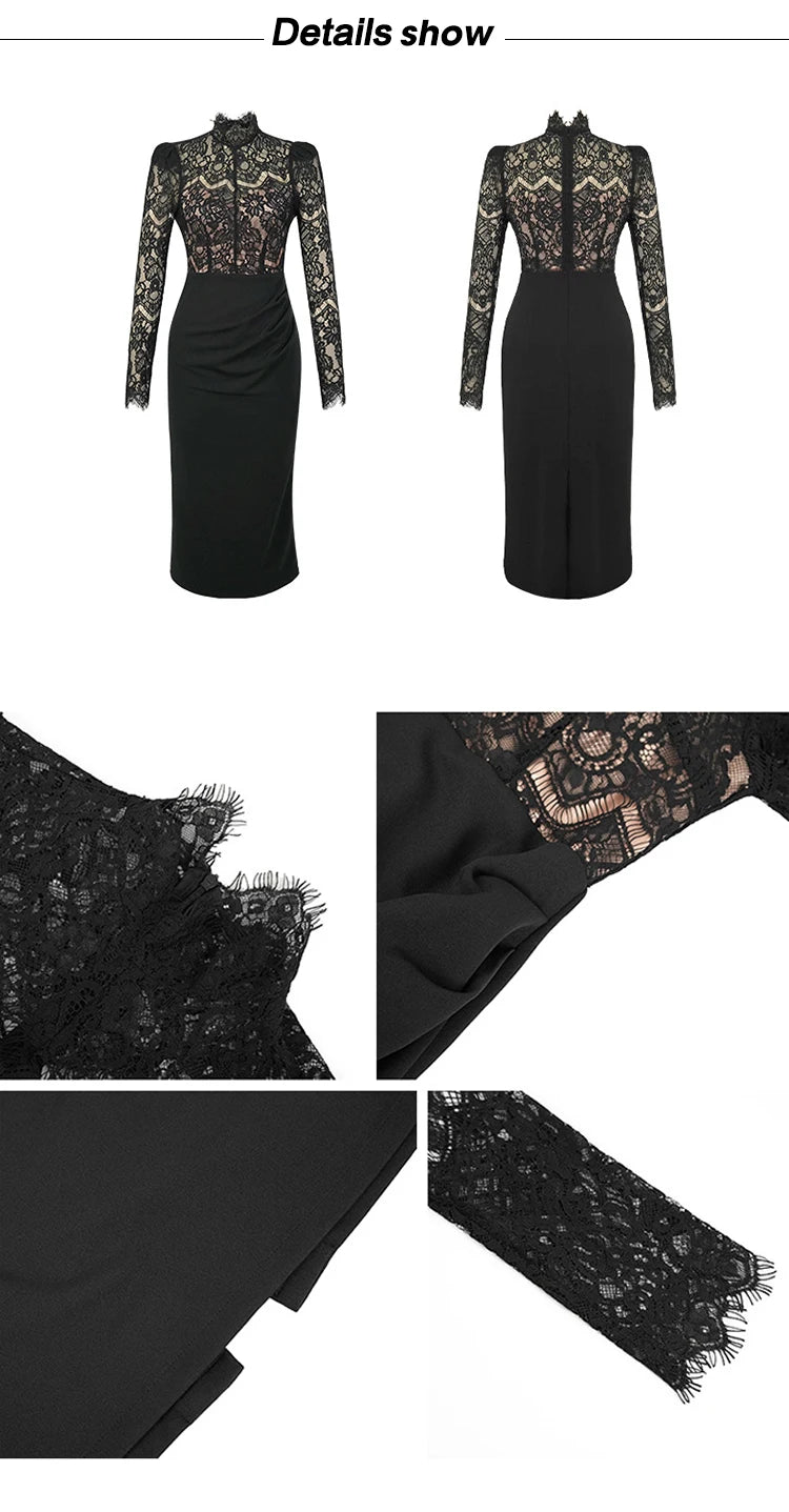 New Women's French  Elegant Black Dress Celebrity Sheer Lace Spliced Midi Robe Professional Business Vestidos Mujer Party Gown