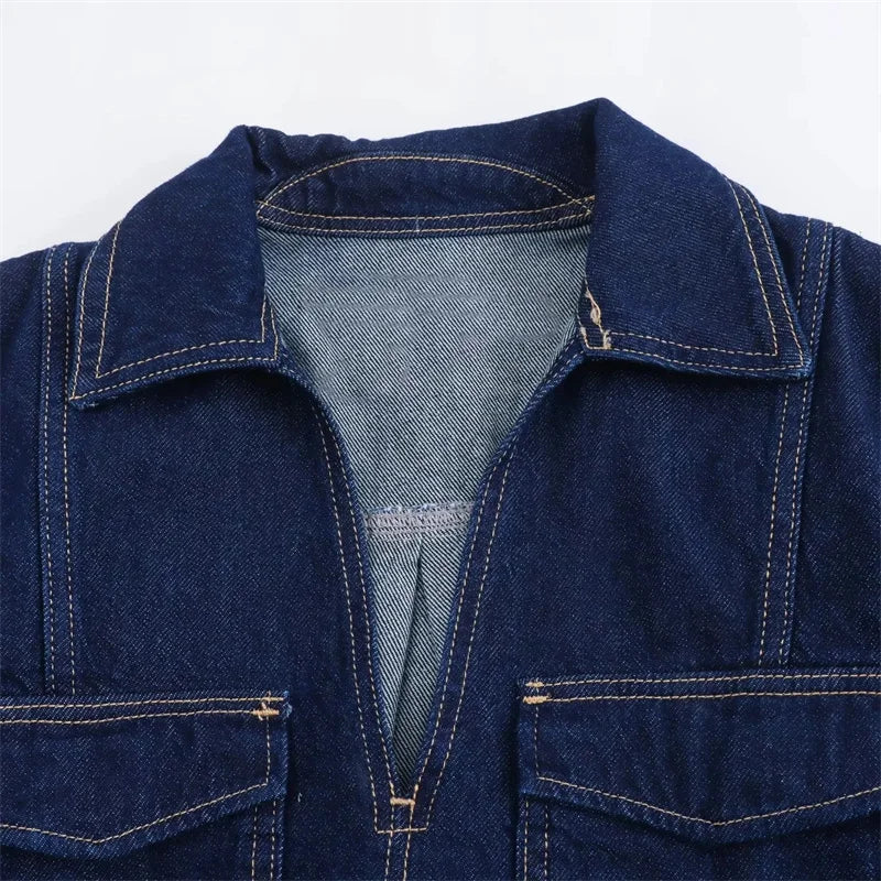 TRAF Blue Denim Shirt Woman Short Sleeve Cropped Shirt Women Summer Short Tops Woman Streetwear Y2k Stylish Women's Blouse