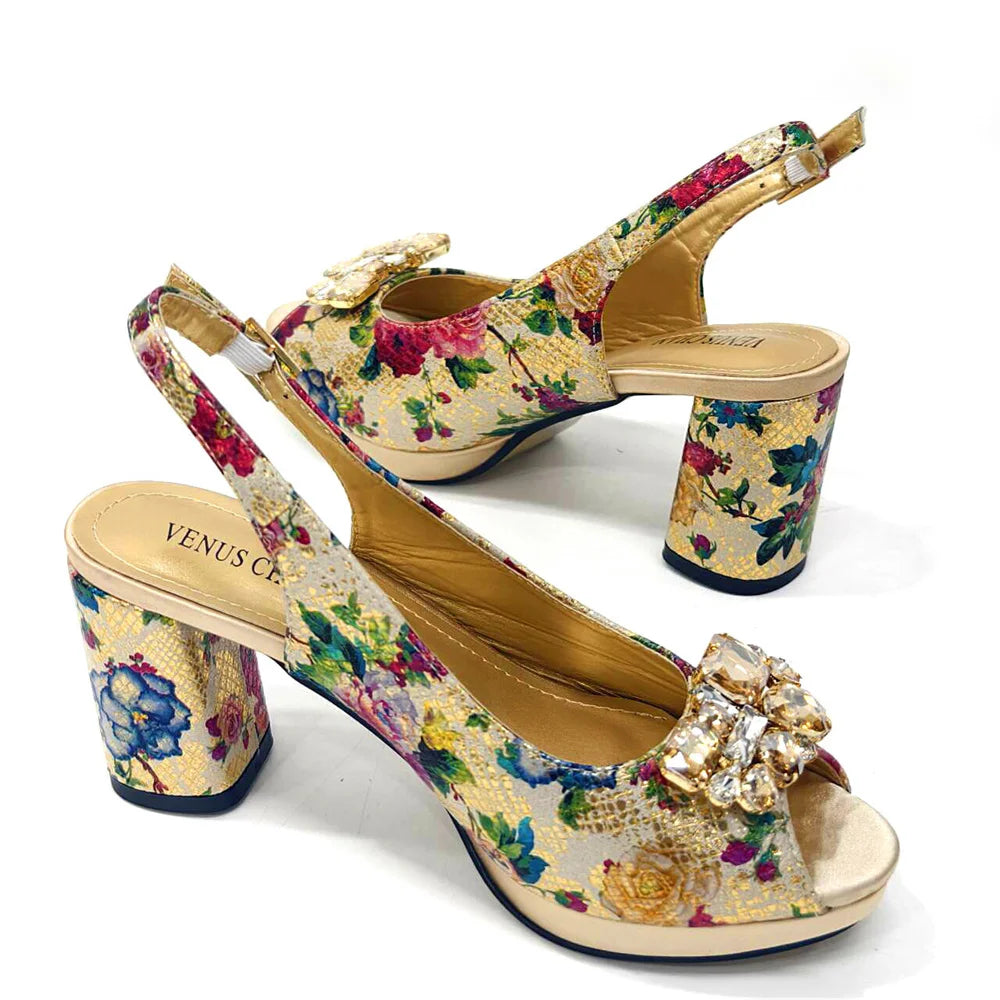 Venus Chan Italian Sandals and Bags Matching Set 2024 Women Heel Party for Gold Colour Wedding Bigger Size Thick Heel Shoes