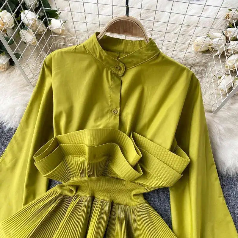 XFPV Women Puff Sleeve Pleated Ruffle Solid Casual Blouse Patchwork Y2k Top Slim Waist Shirt Sweet Summer Spring 2025 SM2983