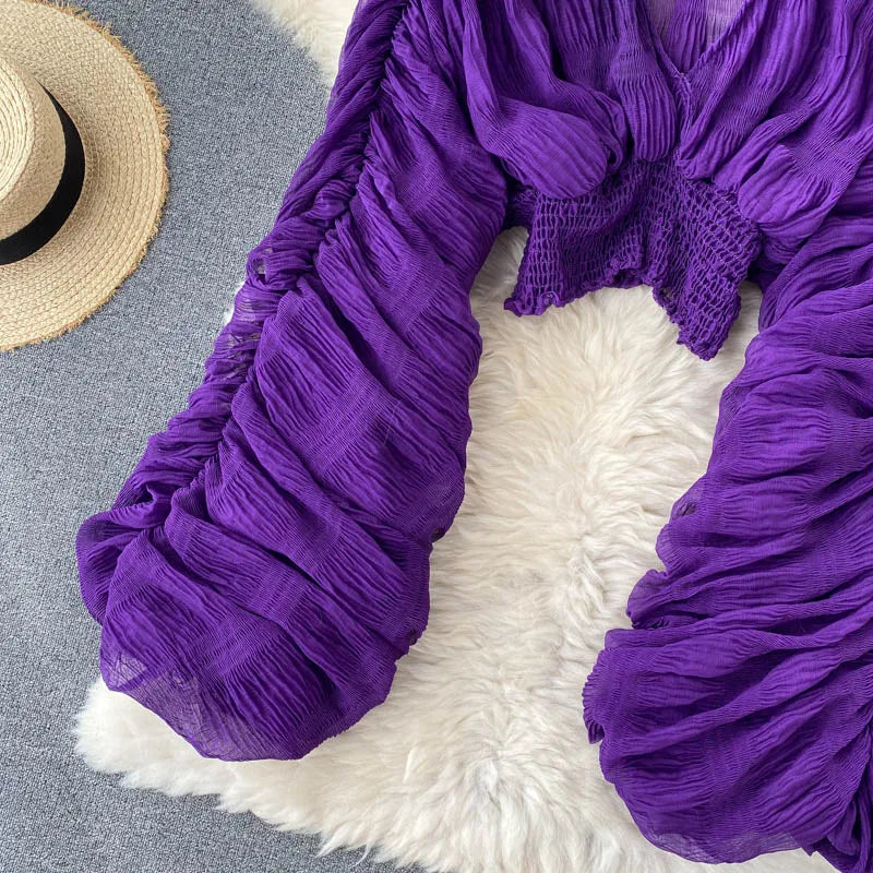 Women Sexy Chiffon Short Blouse Female See Through Super Long Sleeve Blusas Purple/Green/Black/White Folds Party Tops 2022 New