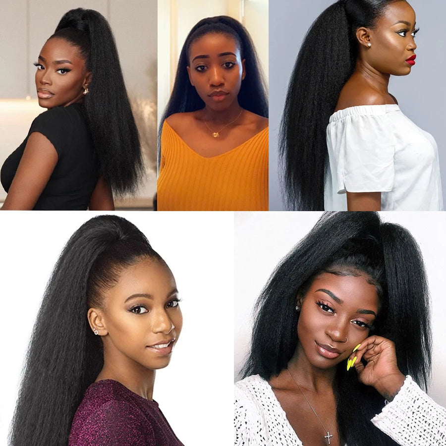 22 Inches Black Kinky Straight Ponytail Extension Synthetic Drawstring Ponytail For Black Women Yaki Pony Tails Hair Extensions