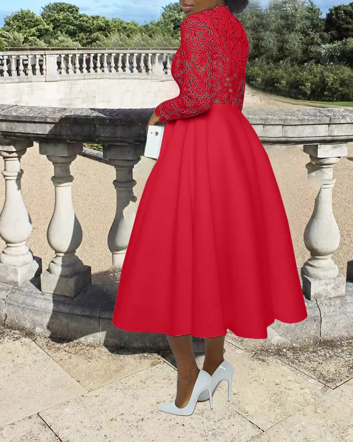 Women Long Dress A Line Dresses Lace Floral Party Night Wedding Mock Neck White Prom Hight Waist Slim Elegant Maxi Vestidos