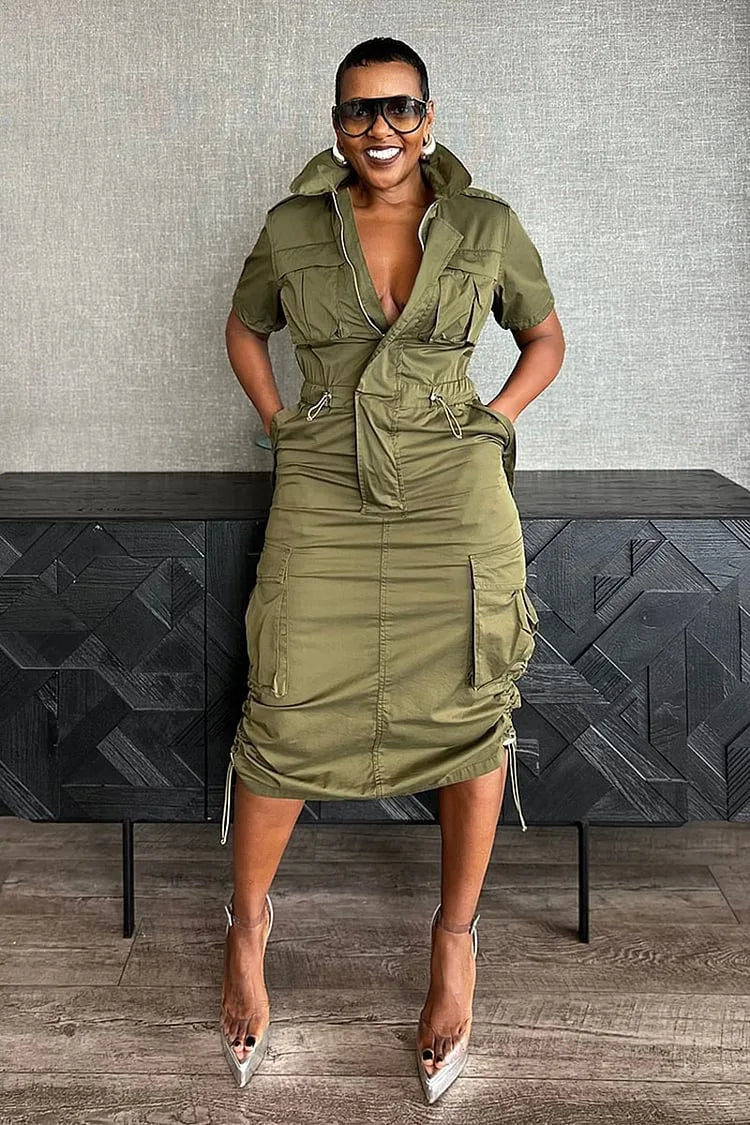 Streetwear Multi Pockets Cargo Dress Sexy Women Turn Down Collar Elegant Club Party Skater Dress Vestidos