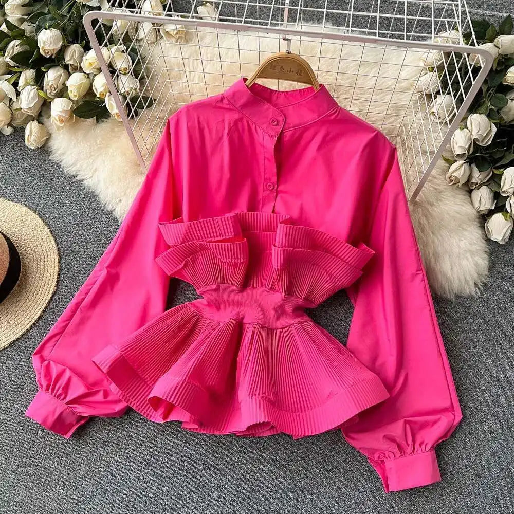 XFPV Women Puff Sleeve Pleated Ruffle Solid Casual Blouse Patchwork Y2k Top Slim Waist Shirt Sweet Summer Spring 2025 SM2983