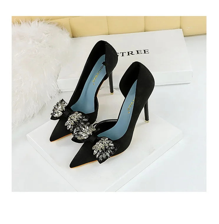 BIGTREE Shoes Rhinestone Bow Women Pumps Luxury Banquet Shoes Sexy High Heels Women Stilettos Party Shoes Large Size 41 42 43