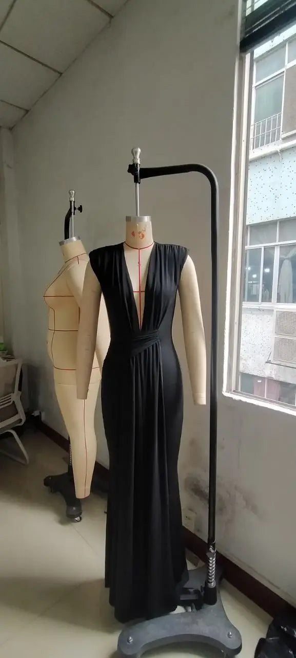 Dress Women Long Dresses Deep V Neck Sleeveless Solid Slim Fit Tight Waist Sexy Elegant Splice Hip Wrap Temperament Vestidos