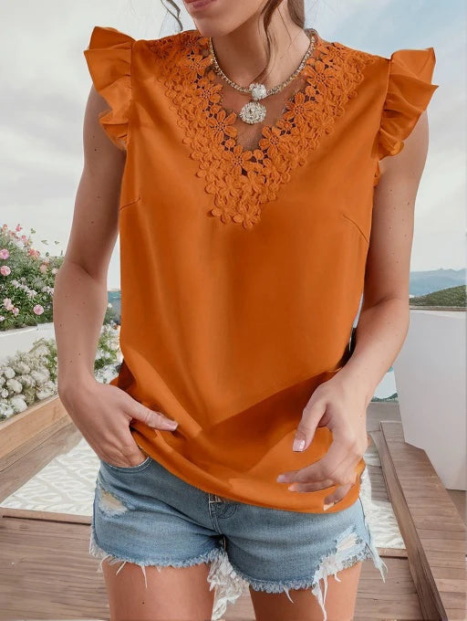 2025 summer new white chiffon shirt flying sleeves bottoming shirt women's outer wear slim sleeveless lace lace stitching short