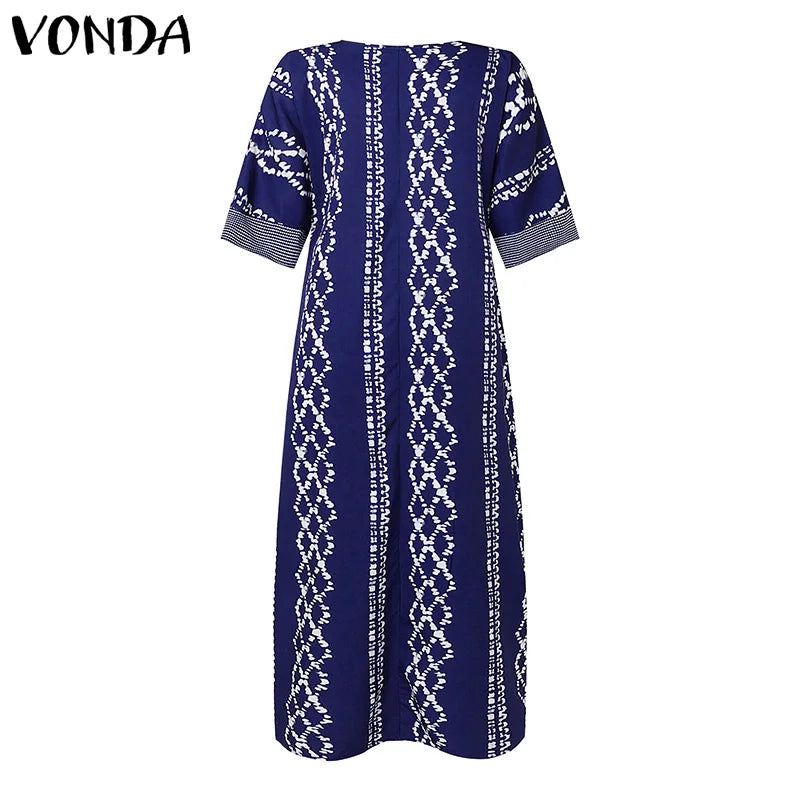 2025 VONDA Printed Maxi Dresses Vintage Women Bohemian Vestidos Casual 3/4 Sleeve Sundress Oversize Simple Elegant Long Robe