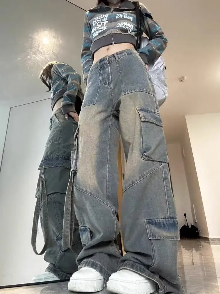 Female Jean Spliced Pockets Cargo Pants Washed Denim High Waist Full Length Jeans Loose Solid Basics Patchwork Distressed