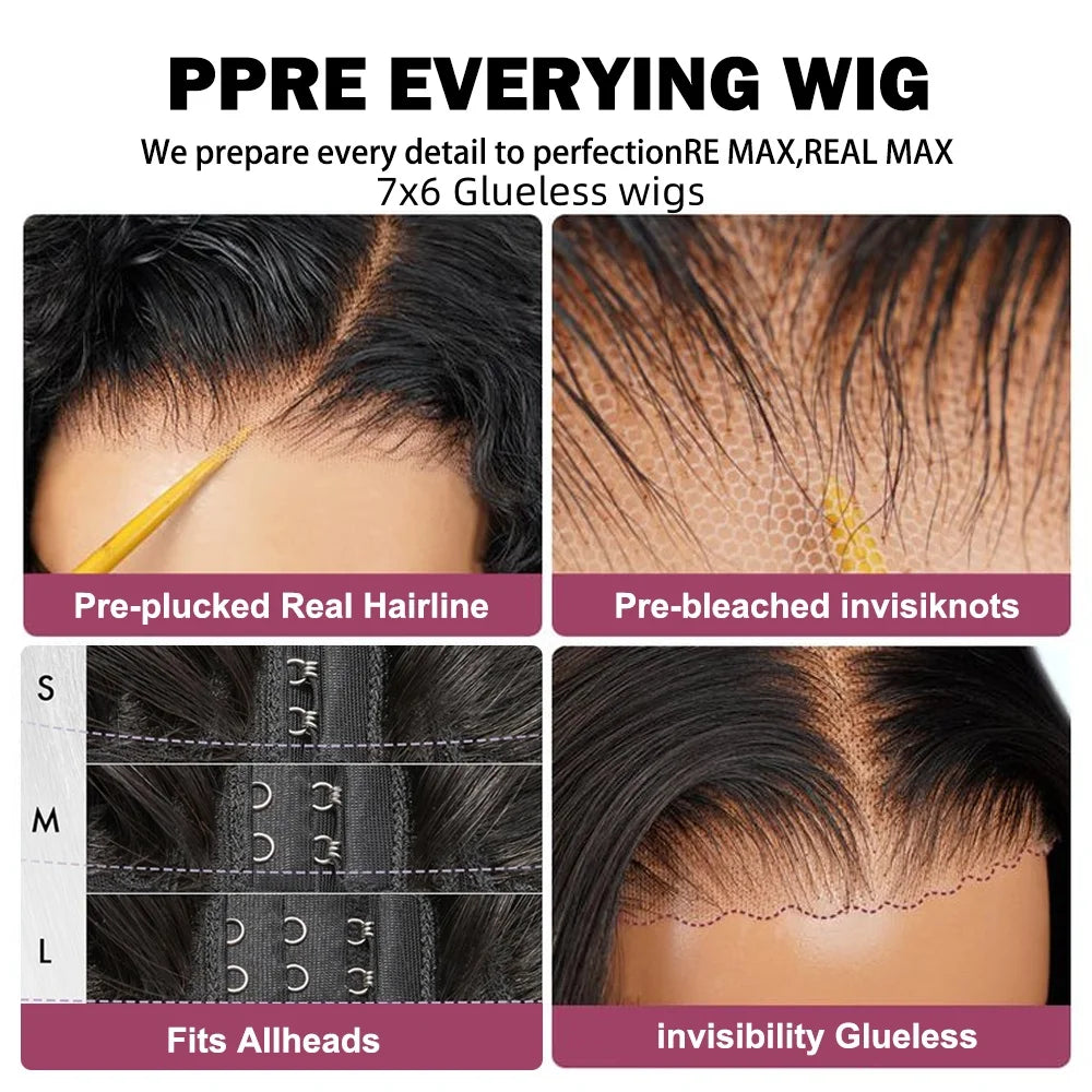 30 inch 7x6 100% glueless wigs human hair Brazilian Body Wave 13x6 hd transparent closure lace front wig human hair 250Density