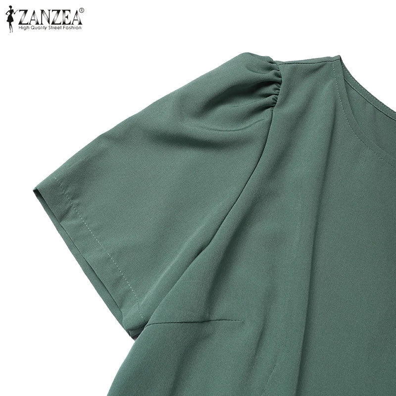 Elegant Pleated Dress ZANZEA Summer O Neck Short Sleeve Sundress Women Stylish Casual Work Party Vestidos Solid Knee Length Robe