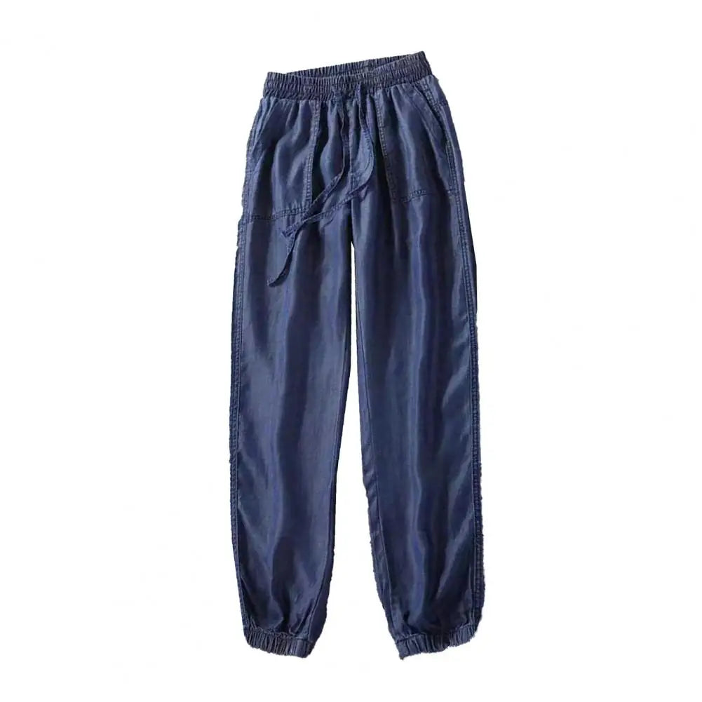 Summer Thin Ice Silk Jeans Women Elastic High Waist Drawstring Harem Pants Loose All-matched Beam Leg Nine Points Denim Pants