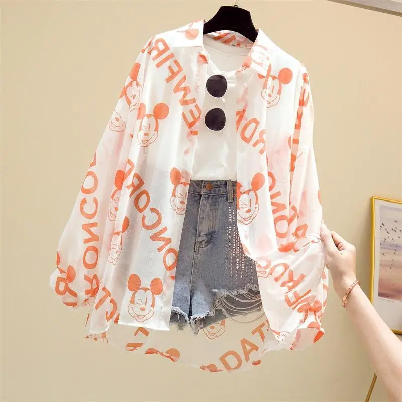 Mickey Mouse Blouse Ladies Long Sleeve Women Shirt Beach Shirts Kawaii Cartoon Summer Disney Clothes Cover-Up Top Casual