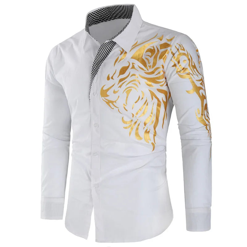 2024 Men's Brand Shirt, Luxury Gold High Quality Long Sleeve Shirts, Business White Black Men Dress Prom Social Print Shirts