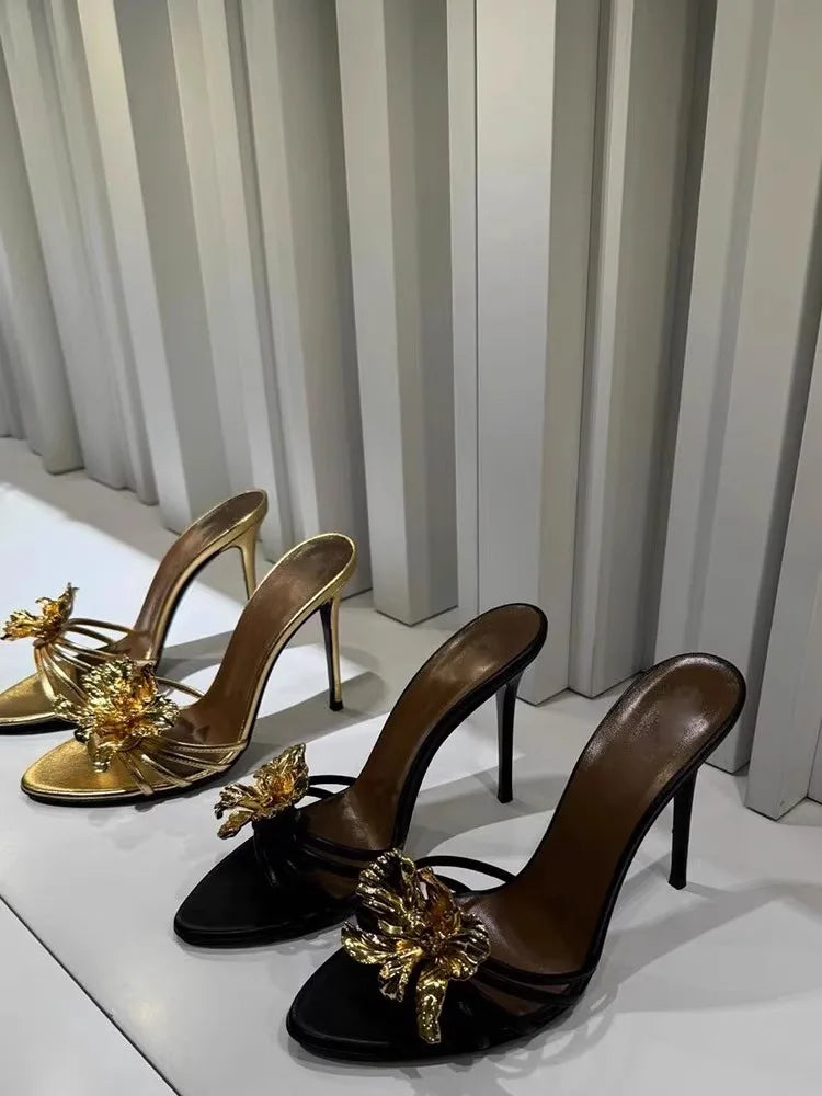 2025 Women's Sandals Slippers Summer Metal Flowers Beautiful Fashion Sandals Women's Stiletto High Heels Black Sandals