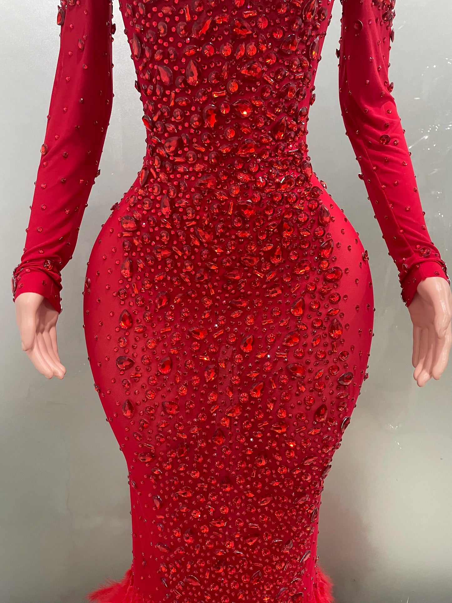 Luxury Sparkling Red Crystals Feathers Mermaid Long Sleeve Maxi Dress Women Formal Occasions Wedding Celebrate Party Prom Gown