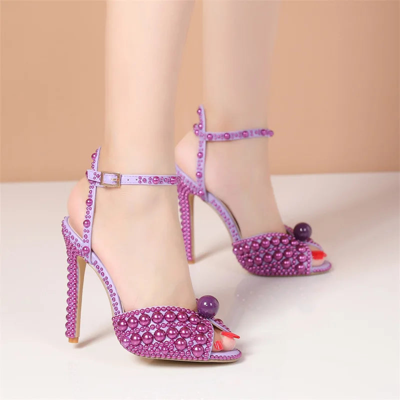 2024 Autumn New Fish Mouth High Heels Slim Heels Shallow Mouth Water Diamond Pearl Women's Single Shoes Wedding Wedding Shoes