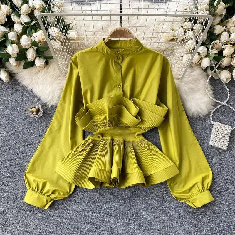 XFPV Women Puff Sleeve Pleated Ruffle Solid Casual Blouse Patchwork Y2k Top Slim Waist Shirt Sweet Summer Spring 2025 SM2983