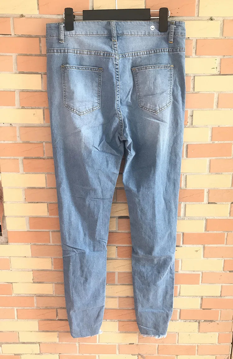 Europe and The United States New Fashion Elastic Ripped Pencil Jeans, Women's Spring and Autumn Slim-fit Small Leg Pants Jeans