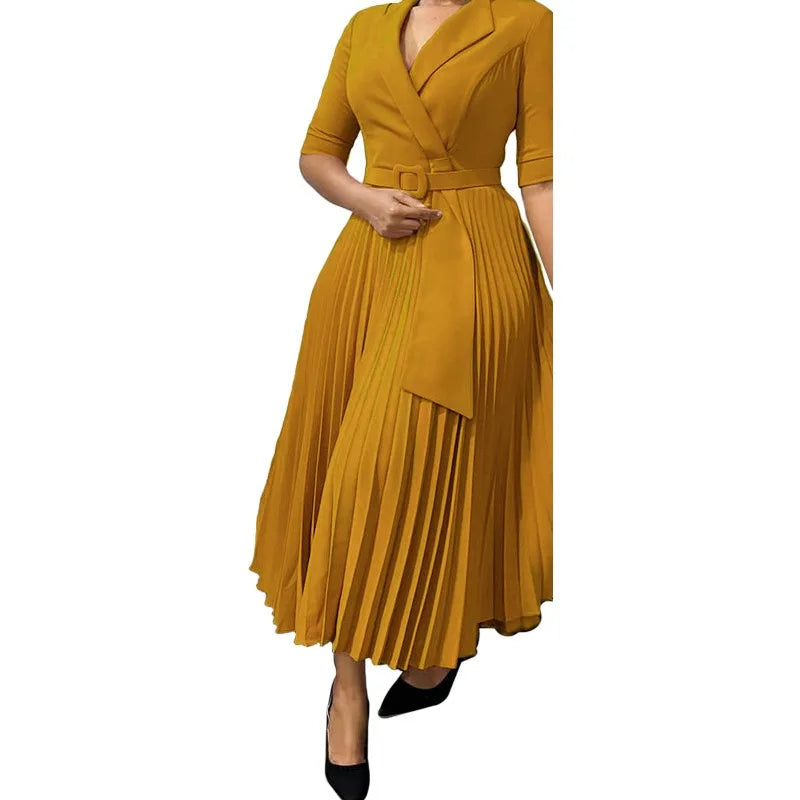 Elegant Office Ladies Dresses 2024 Autumn Fall Notched Collar Half Sleeve Belt Waisted Mid Calf Female Birthday Party Dress Midi