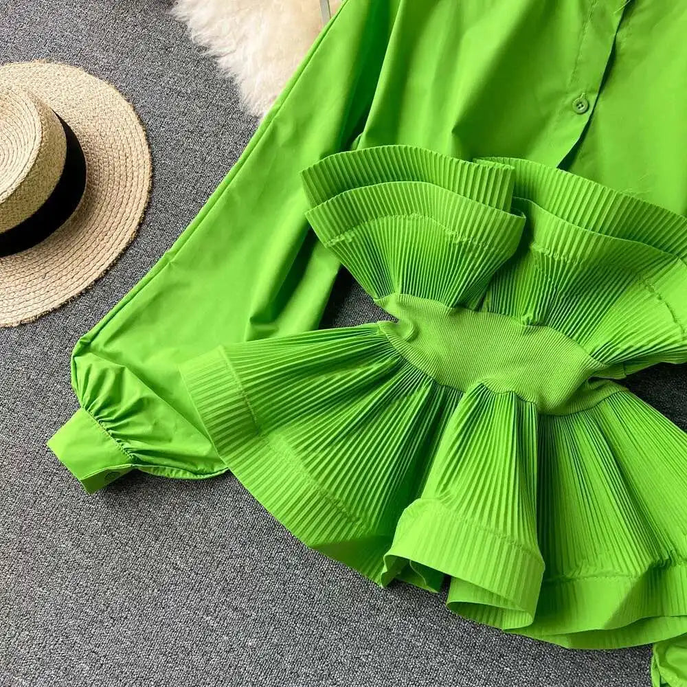 XFPV Women Puff Sleeve Pleated Ruffle Solid Casual Blouse Patchwork Y2k Top Slim Waist Shirt Sweet Summer Spring 2025 SM2983