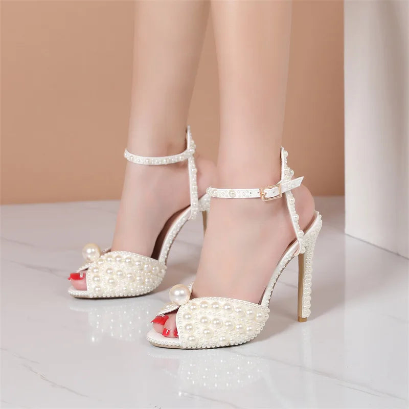 2024 Autumn New Fish Mouth High Heels Slim Heels Shallow Mouth Water Diamond Pearl Women's Single Shoes Wedding Wedding Shoes