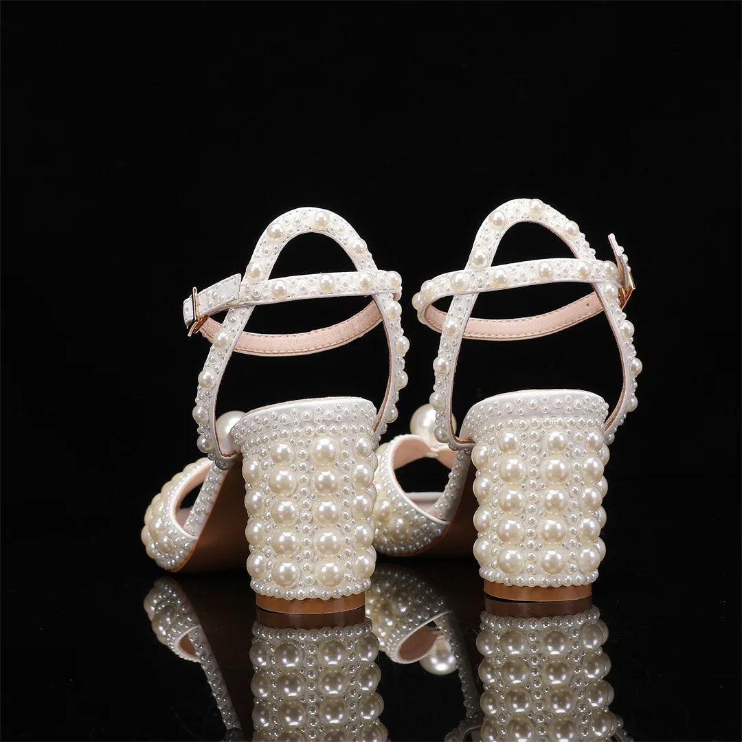 2024 Autumn New Fish Mouth High Heels Slim Heels Shallow Mouth Water Diamond Pearl Women's Single Shoes Wedding Wedding Shoes