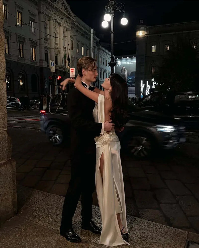 Mozision Satin Backless Sexy Maxi Dress For Women Elegant Rose Thigh High Split Beach Holiday Long Dress Gorgeous Club Gown